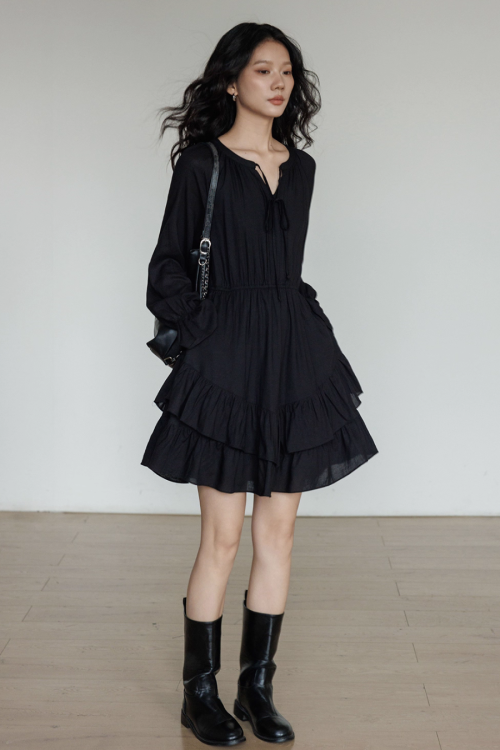 Round Neck Linen Long Sleeve Dress