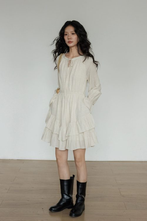 Round Neck Linen Long Sleeve Dress