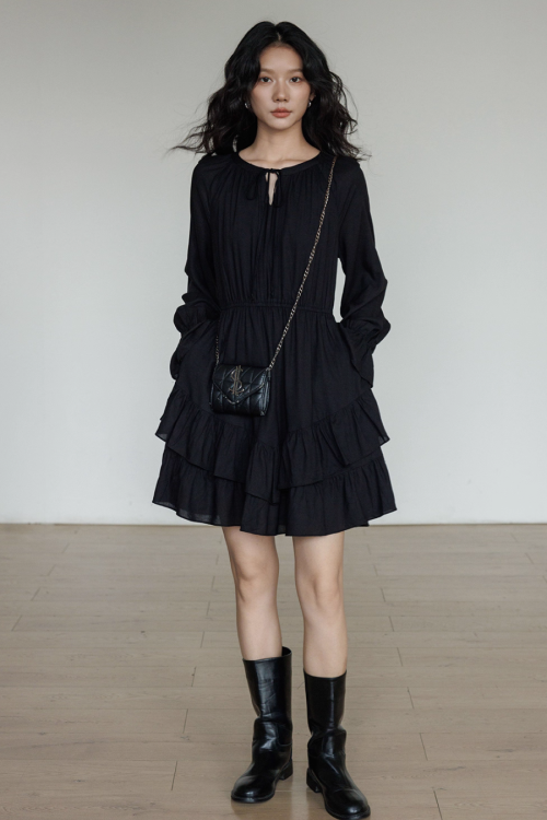 Round Neck Linen Long Sleeve Dress