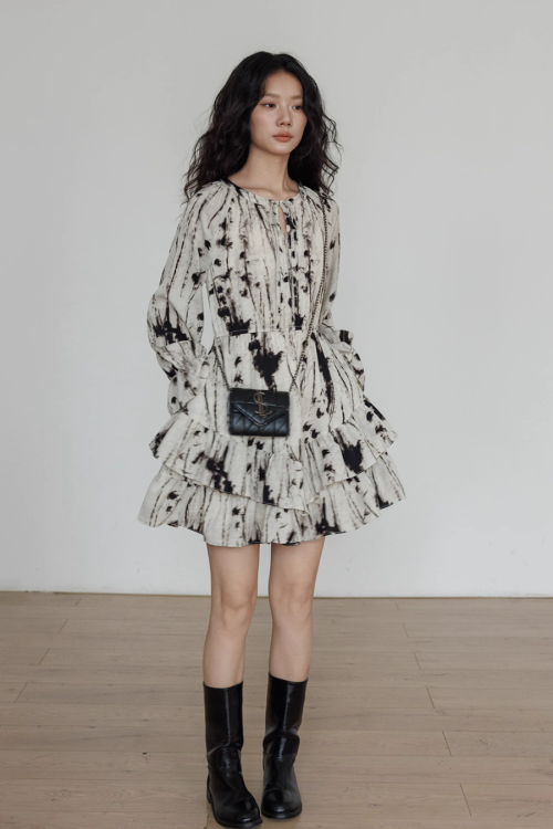 Round Neck Vintage Print Dress