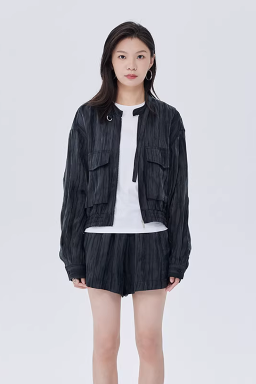 Round Neck Zip-Up Short Jacket
