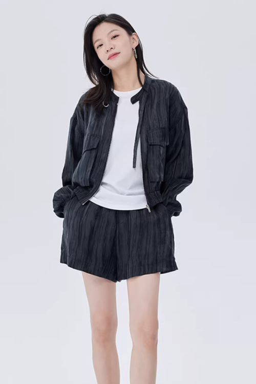 Round Neck Zip-Up Short Jacket