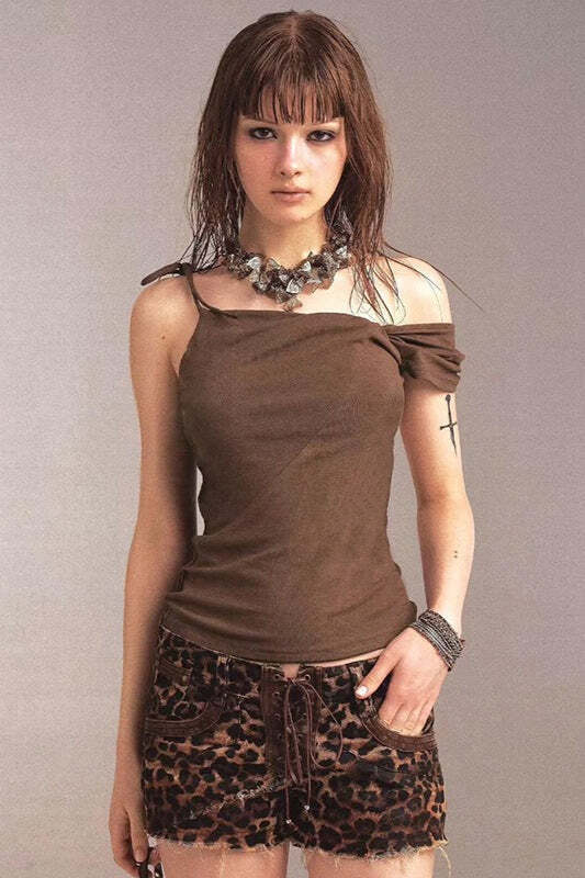 Ruched One Shoulder Knot Tie Asym Cami Top