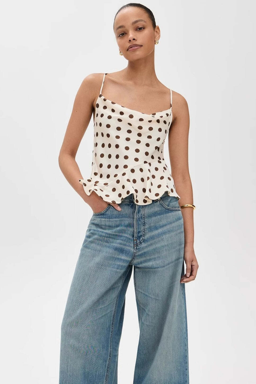 Ruffle Draped Neck Polka Dot Tie Back Cami Top Ruffle Draped Neck Polka Dot Tie Back Cami Top