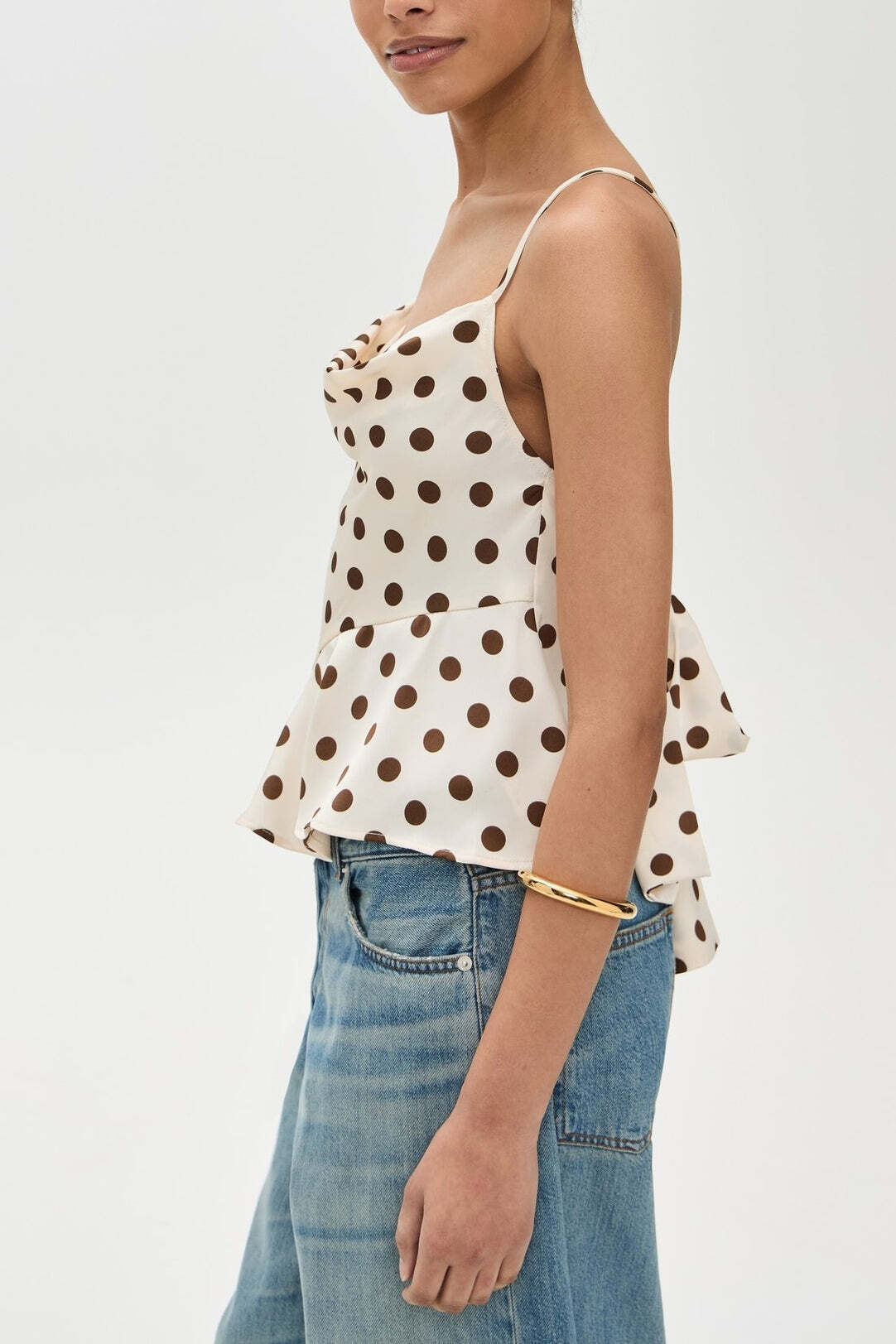 Ruffle Draped Neck Polka Dot Tie Back Cami Top Ruffle Draped Neck Polka Dot Tie Back Cami Top