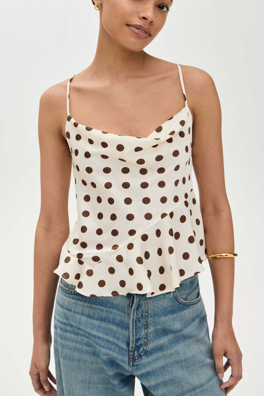 Ruffle Draped Neck Polka Dot Tie Back Cami Top