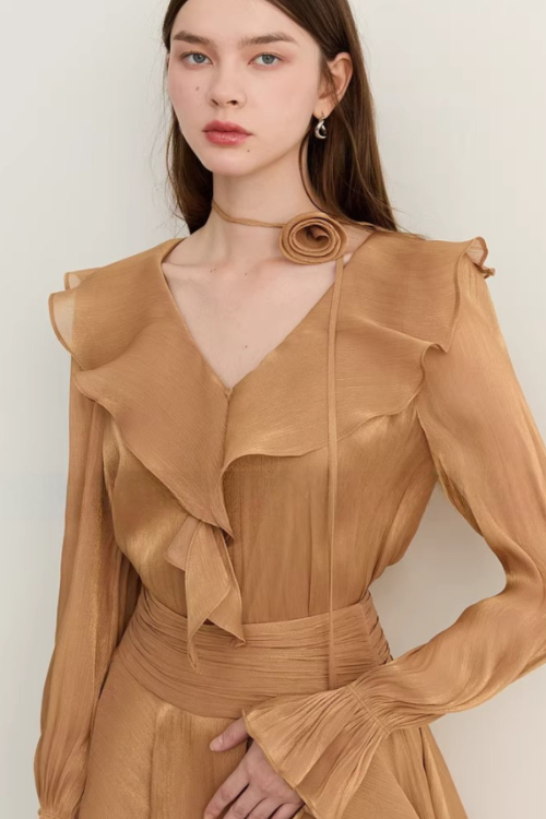 Ruffled Long-sleeve Top / Flared Mini Skirt