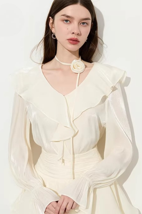 Ruffled Long-sleeve Top / Flared Mini Skirt