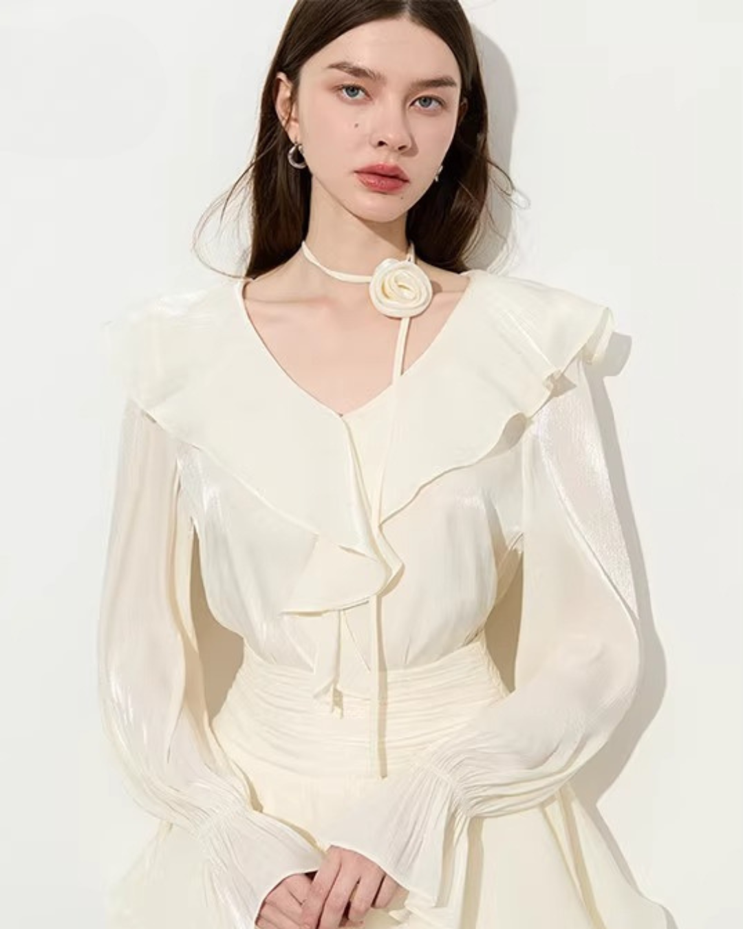 Ruffled Long-sleeve Top / Flared Mini Skirt Ruffled Long-sleeve Top / Flared Mini Skirt