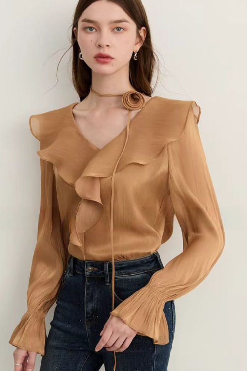 Ruffled Long-sleeve Top / Flared Mini Skirt