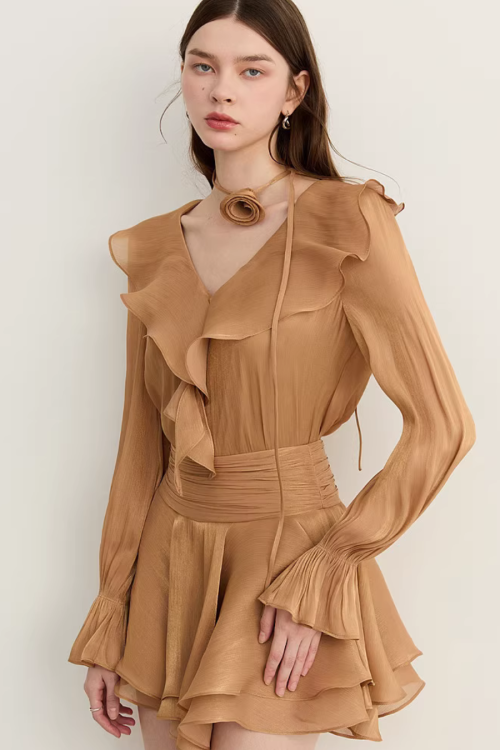 Ruffled Long-sleeve Top / Flared Mini Skirt