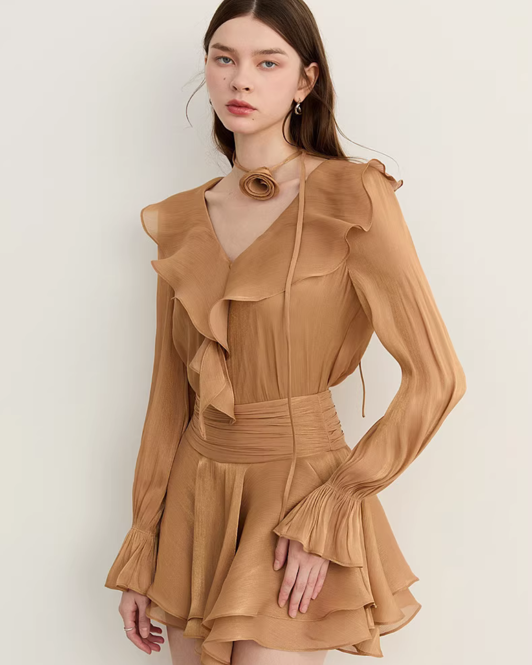 Ruffled Long-sleeve Top / Flared Mini Skirt Ruffled Long-sleeve Top / Flared Mini Skirt