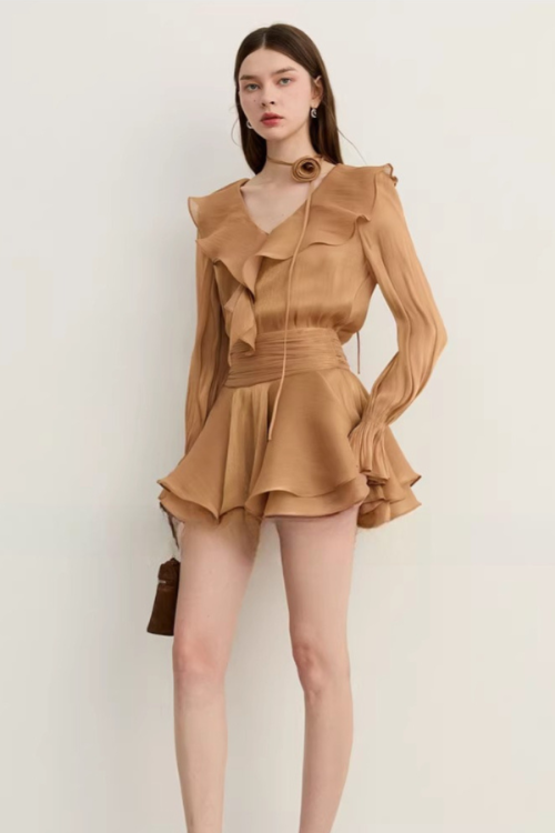 Ruffled Long-sleeve Top / Flared Mini Skirt