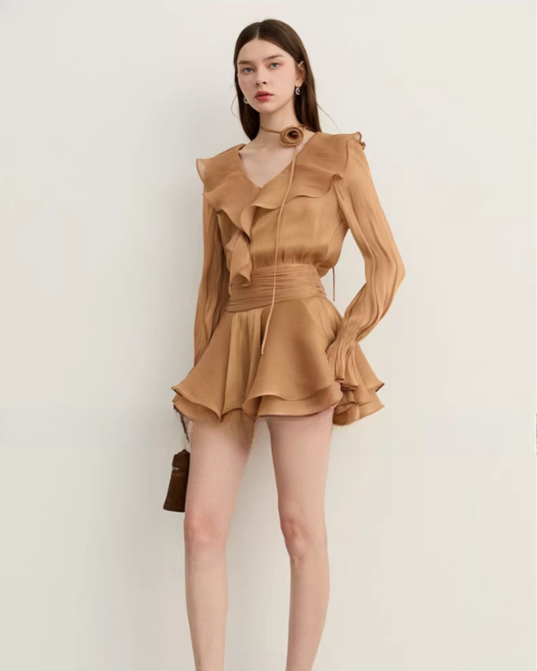 Ruffled Long-sleeve Top / Flared Mini Skirt Ruffled Long-sleeve Top / Flared Mini Skirt