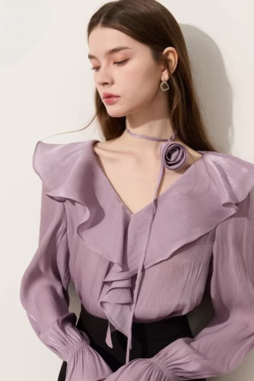 Ruffled Long-sleeve Top / Flared Mini Skirt