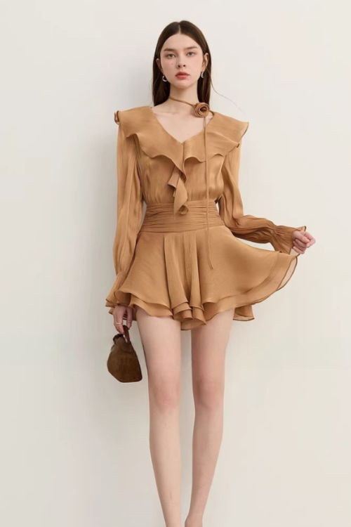 Ruffled Long-sleeve Top / Flared Mini Skirt