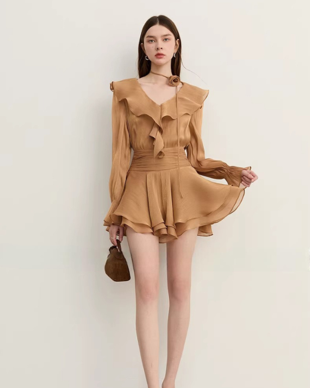 Ruffled Long-sleeve Top / Flared Mini Skirt Ruffled Long-sleeve Top / Flared Mini Skirt