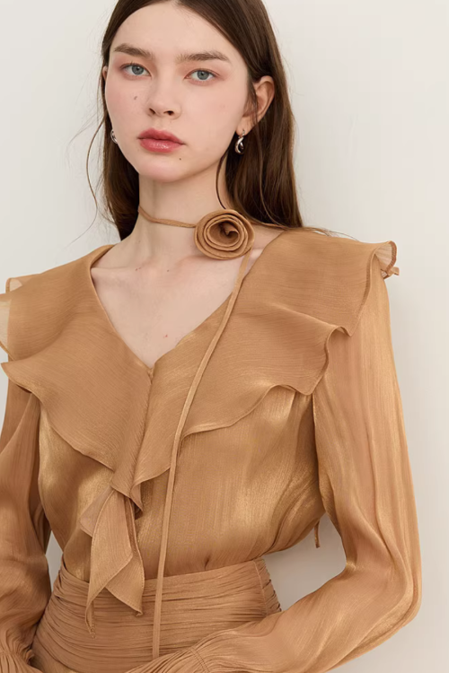 Ruffled Long-sleeve Top / Flared Mini Skirt