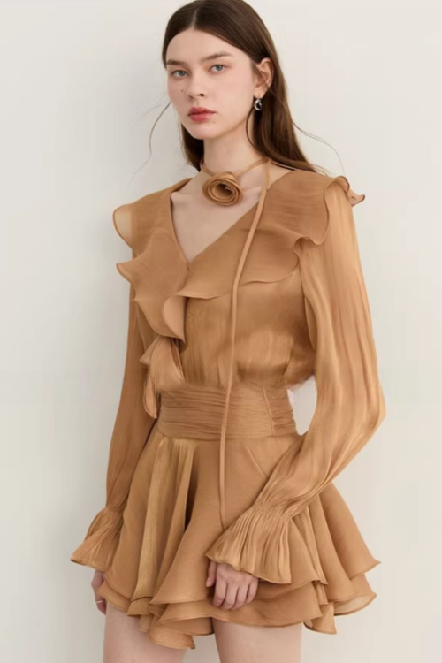 Ruffled Long-sleeve Top / Flared Mini Skirt