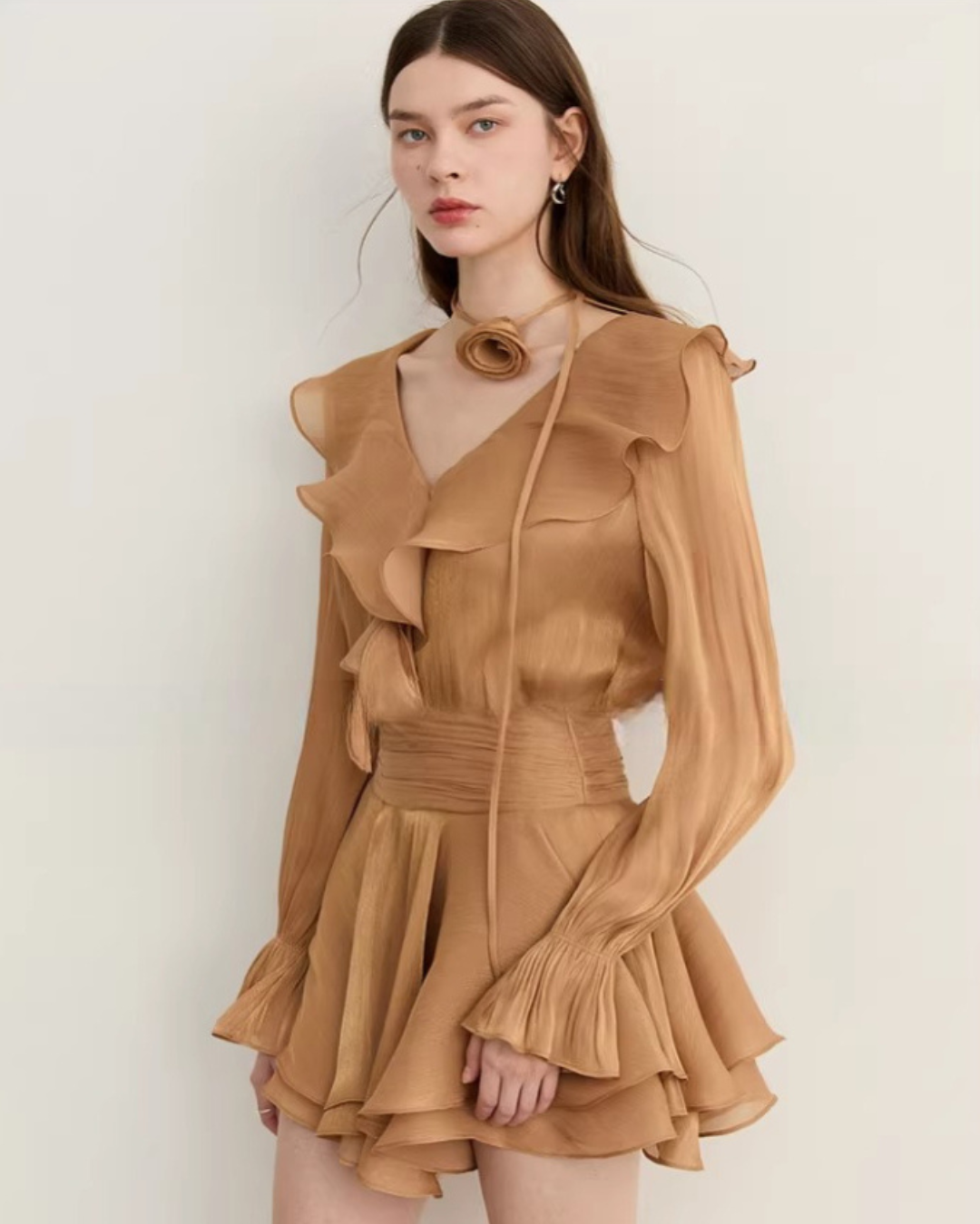 Ruffled Long-sleeve Top / Flared Mini Skirt Ruffled Long-sleeve Top / Flared Mini Skirt