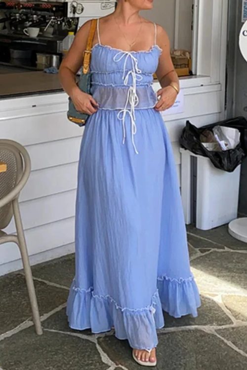 Ruffles Tie-Up Crop Top A-line Maxi Skirt Two Pieces Set