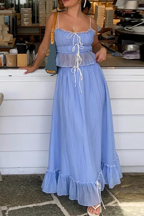 Ruffles Tie-Up Crop Top A-line Maxi Skirt Two Pieces Set