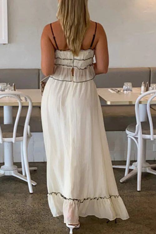 Ruffles Tie-Up Crop Top A-line Maxi Skirt Two Pieces Set