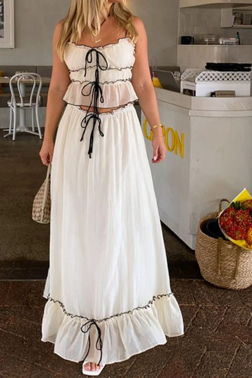 Ruffles Tie-Up Crop Top A-line Maxi Skirt Two Pieces Set