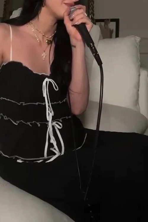 Ruffles Tie-Up Front Camis Crop Top Maxi Skirt Two Pieces Set