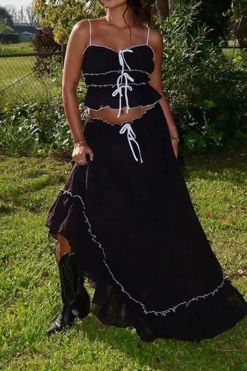 Ruffles Tie-Up Front Camis Crop Top Maxi Skirt Two Pieces Set
