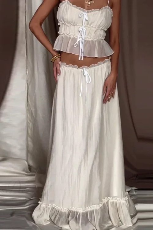 Ruffles Tie-Up Front Camis Crop Top Maxi Skirt Two Pieces Set