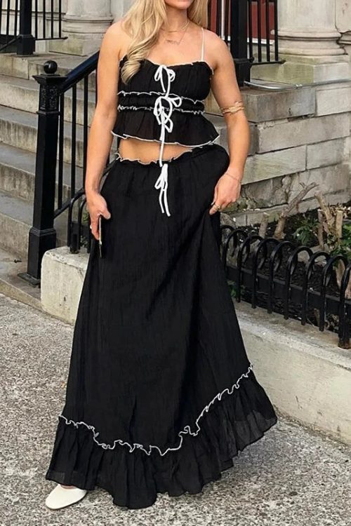 Ruffles Tie-Up Front Camis Crop Top Maxi Skirt Two Pieces Set