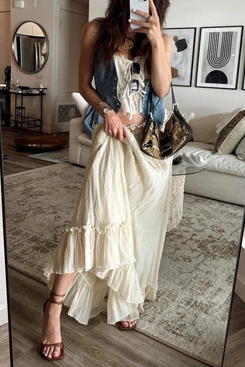 Ruffles Tie-Up Front Camis Crop Top Maxi Skirt Two Pieces Set