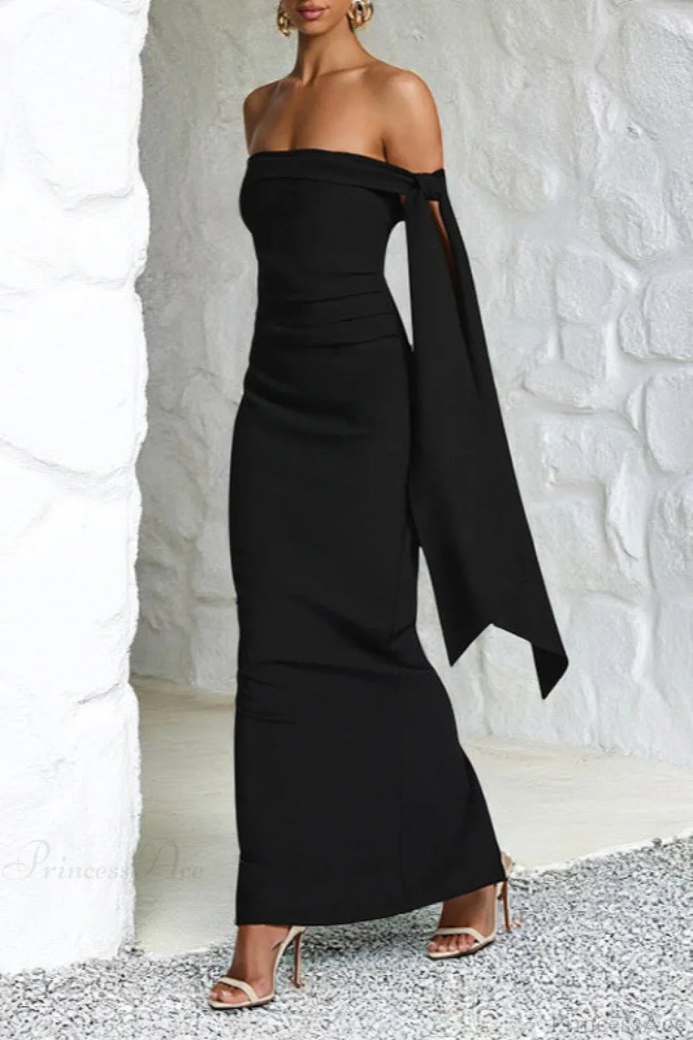 Sash Off Shoulder Split Slim Fitted Maxi Dress Sash Off Shoulder Split Slim Fitted Maxi Dress