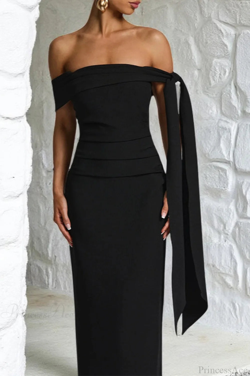 Sash Off Shoulder Split Slim Fitted Maxi Dress Sash Off Shoulder Split Slim Fitted Maxi Dress