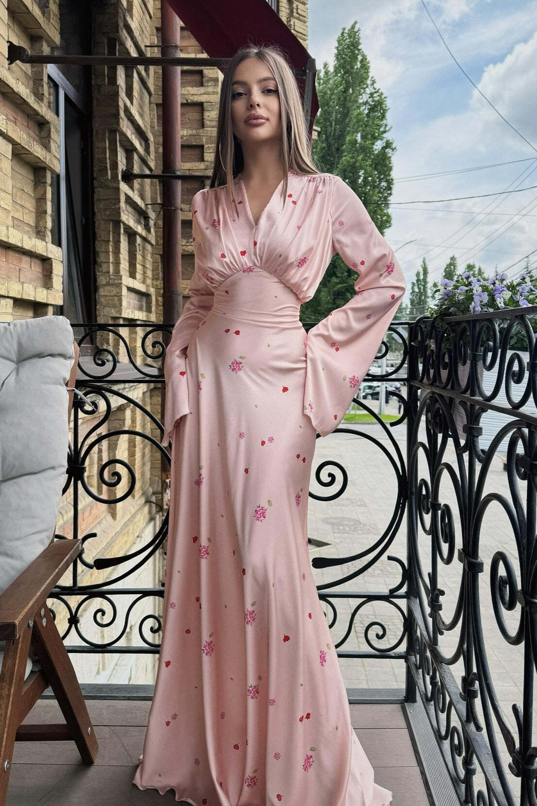 Satin Floral V Neck Flared Hem Maxi Dress