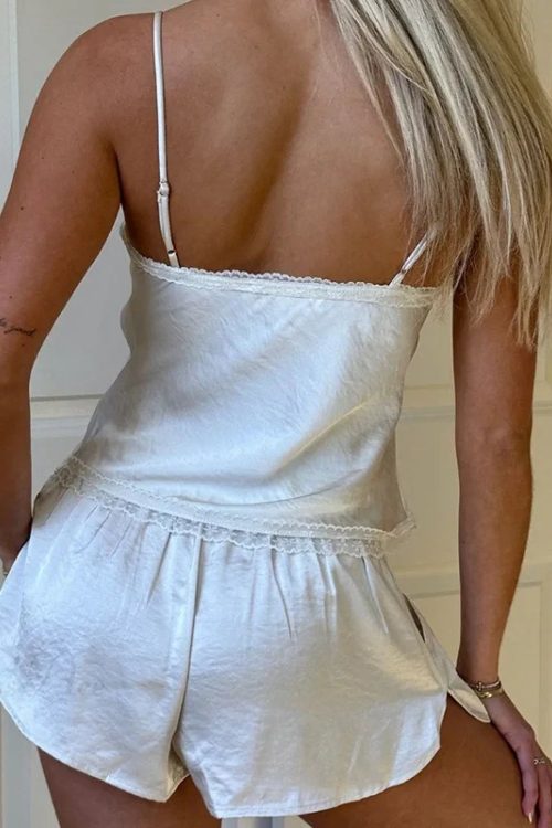 Satin Lace Trim V Neck Crop Top Camis Shorts Two Pieces Set