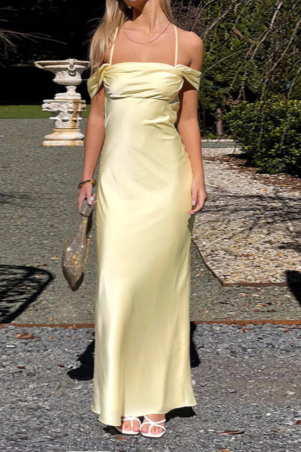 Satin Off Shoulder Backless Tie Cami Maxi Dress Satin Off Shoulder Backless Tie Cami Maxi Dress