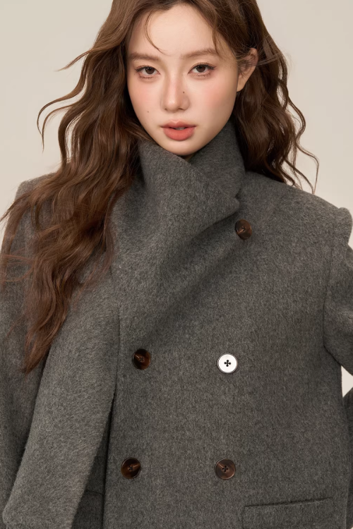 Scarf Collar Double Breasted Wool Coat