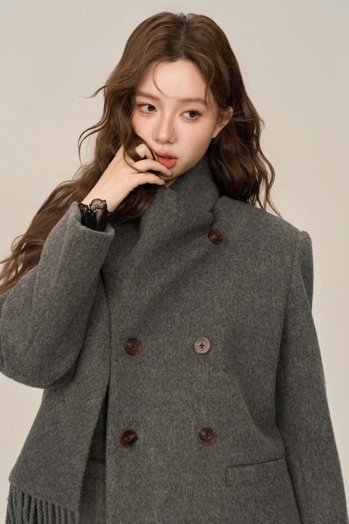 Scarf Collar Double Breasted Wool Coat