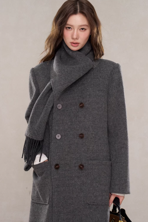 Scarf Collar Double Breasted Wool Coat