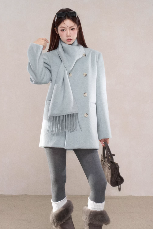 Scarf Collar Double Breasted Wool Coat