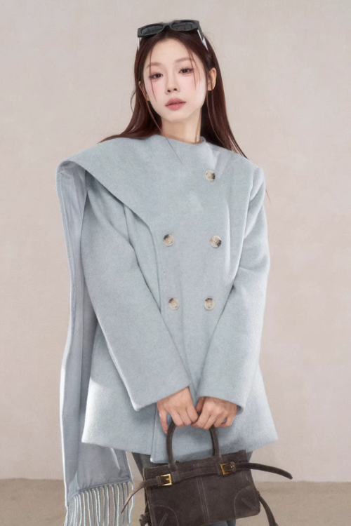 Scarf Collar Double Breasted Wool Coat