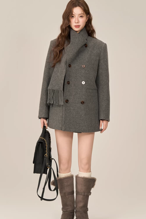 Scarf Collar Double Breasted Wool Coat