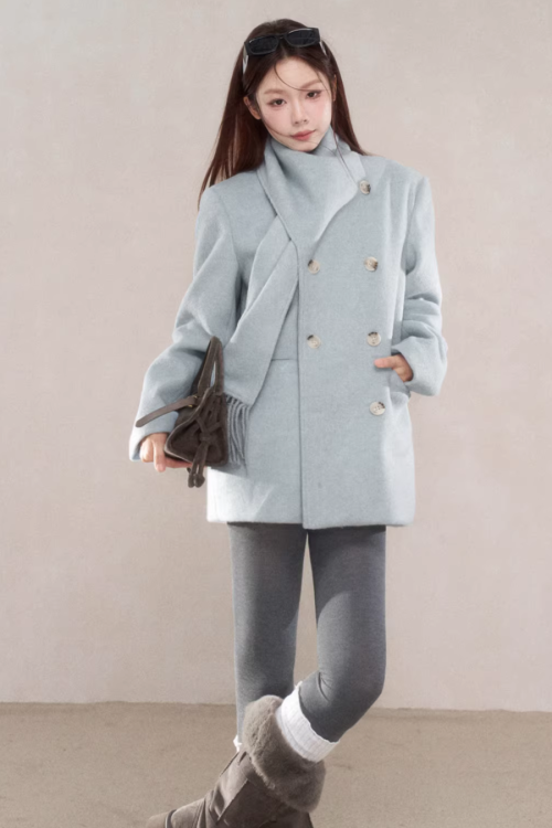 Scarf Collar Double Breasted Wool Coat