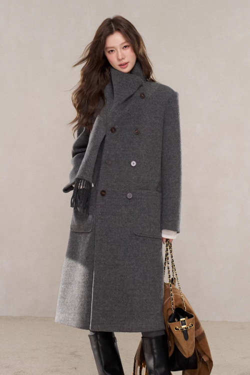 Scarf Collar Double Breasted Wool Coat