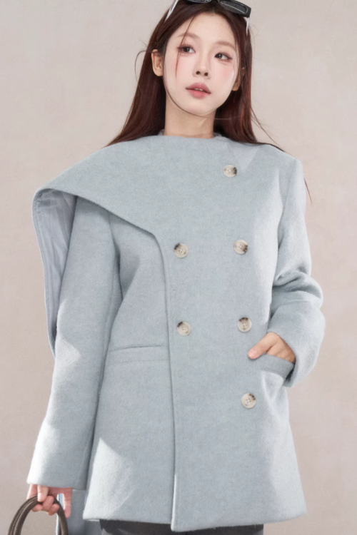 Scarf Collar Double Breasted Wool Coat