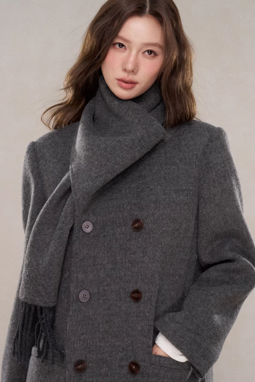 Scarf Collar Double Breasted Wool Coat
