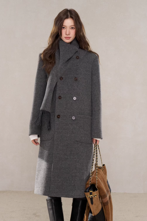 Scarf Collar Double Breasted Wool Coat