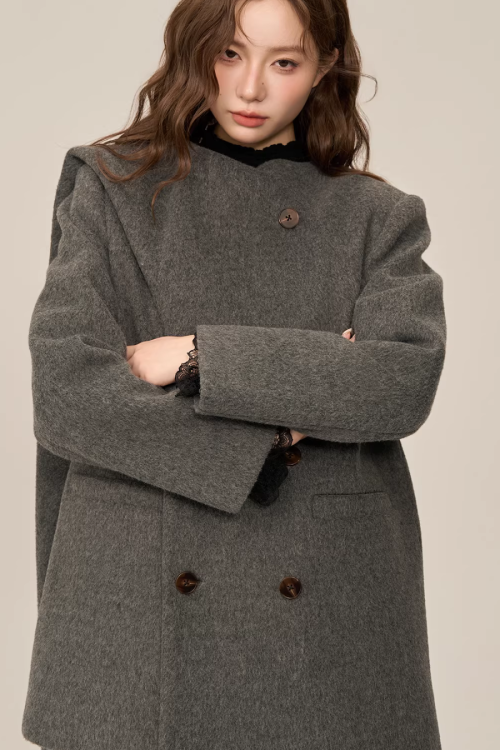 Scarf Collar Double Breasted Wool Coat